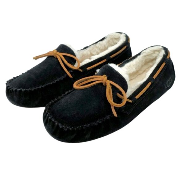 UGG~Dakota~WOMEN'S BLACK SUEDE LEATHER SHEARLING MOCCASIN SLIPPERS SHOES SZ 9 - Picture 1 of 6